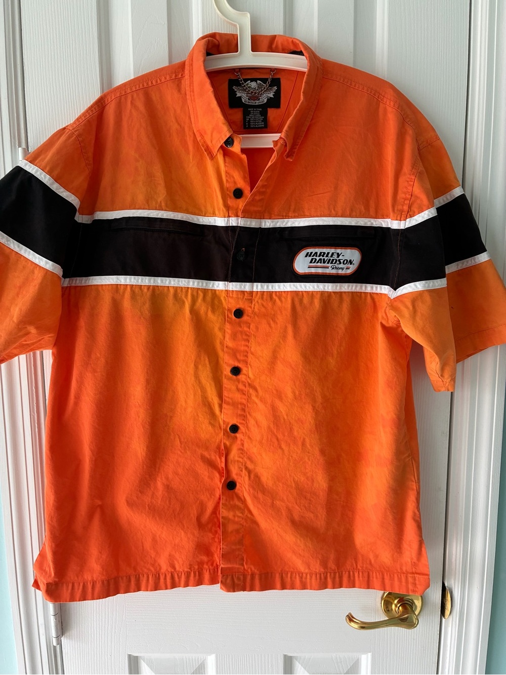 Harley-Davidson Men's Orange Black Short-Sleeve Button-Up Shirt Large